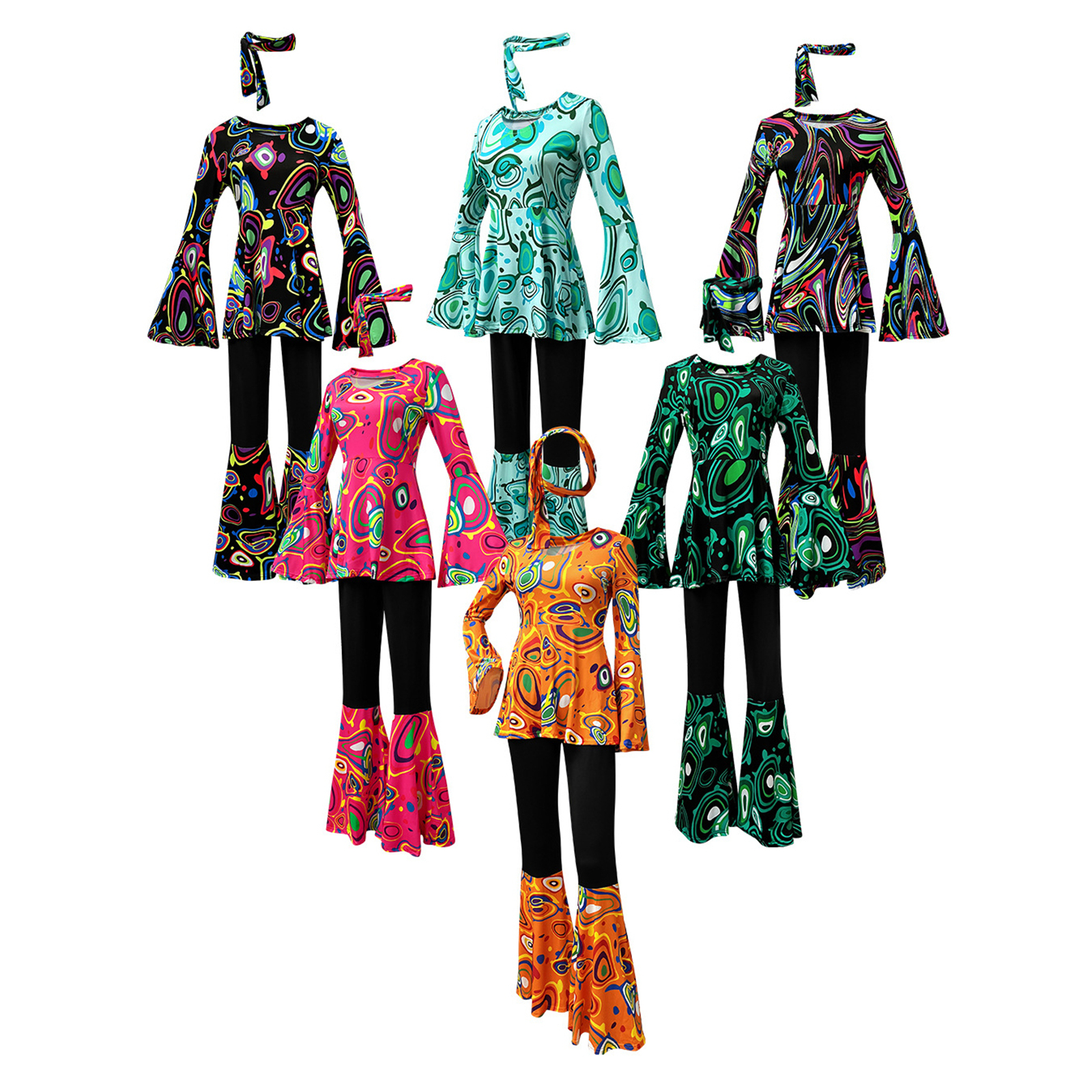 Tenues pour femmes des années 60 et 70, ensemble de costumes hippies, robe disco, pantalon évasé bohème, chemise hippie, bandeau