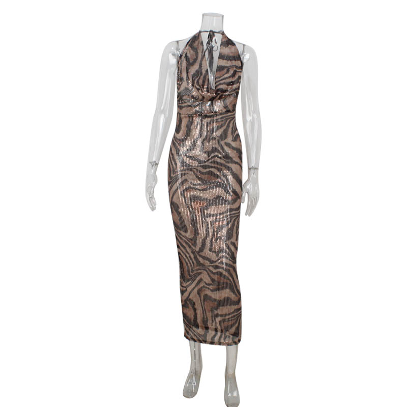 Ahagaga mode léopard paillettes femmes Robes de soirée Sexy col en v profond sans manches coupe ajustée moulante Maxi élégant Robes Robes