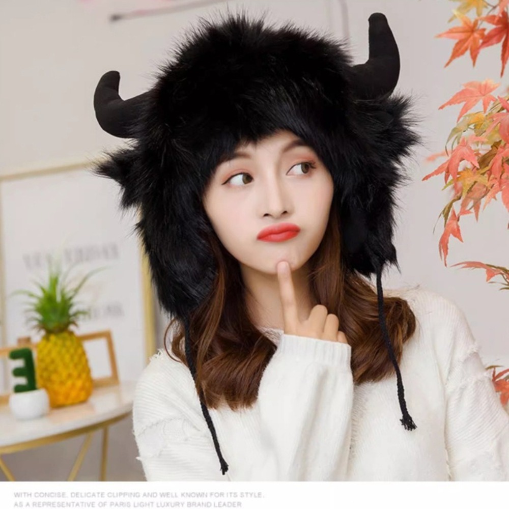 Chapeau Bullhead unisexe de haute qualité, chapeau en fourrure de bison épaisse et moelleuse avec cornes, chapeau coupe-vent avec cache-oreilles