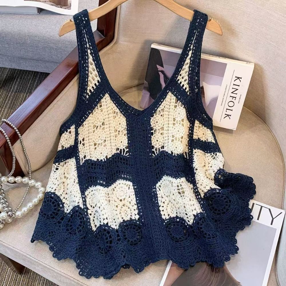 Robe-veste polyvalente ajourée en tricot imprimé et crochet sans manches, style ethnique ample bohème, idéale pour les vacances d'été à la plage
