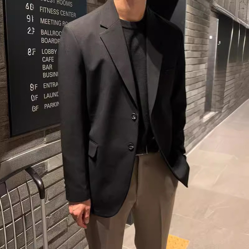Blazer KIDWHXR pour homme, style coréen, couleur unie, col rabattu, veste décontractée ample à simple boutonnage, manches longues, manteau de costume pour homme