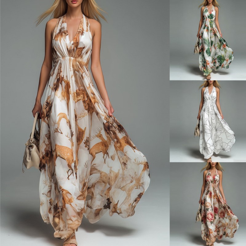 Nouvelle Robe Longue Décontractée d'Été pour Femme, Imprimé Floral, Col Halter, Sans Manches, Col en V, Coupe Trapèze, Idéale pour les Fêtes