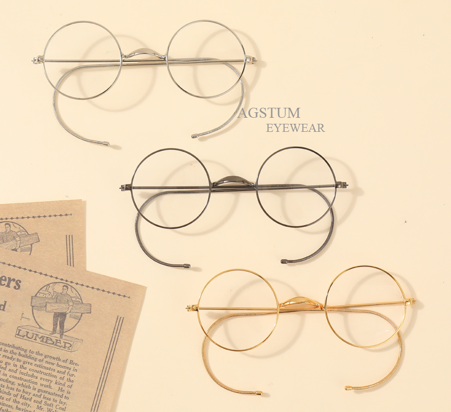 Lunettes rondes vintage de 44 mm avec monture en fil doré sans plaquettes de nez, monture optique avec branches en câble pour un ajustement sécurisé
