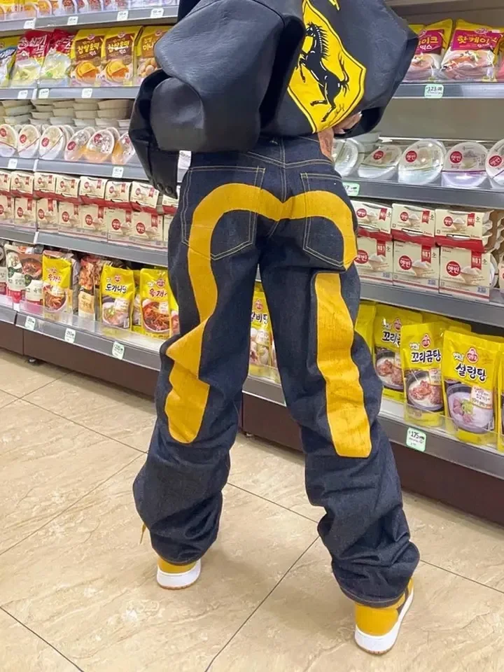 Jean gothique Y2K rétro pour femmes, Streetwear noir Cargo Punk Vintage Kpop imprimé jambes larges, pantalon en Denim, automne