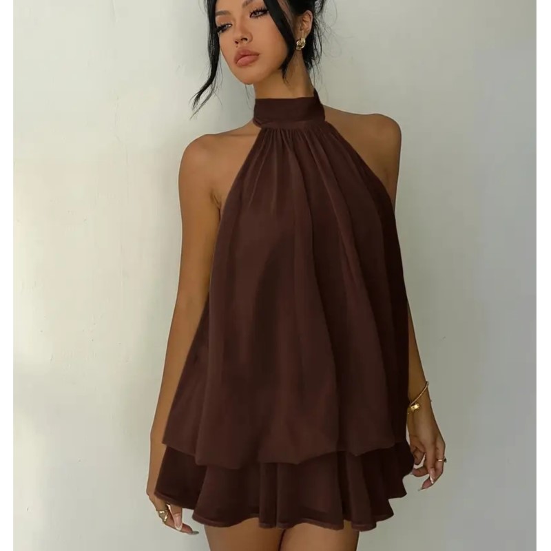 Robe de plage bohème pour femme, ensemble 2 pièces en mousseline, haut à col halter et jupe courte, collection été 2026, sexy et dos nu