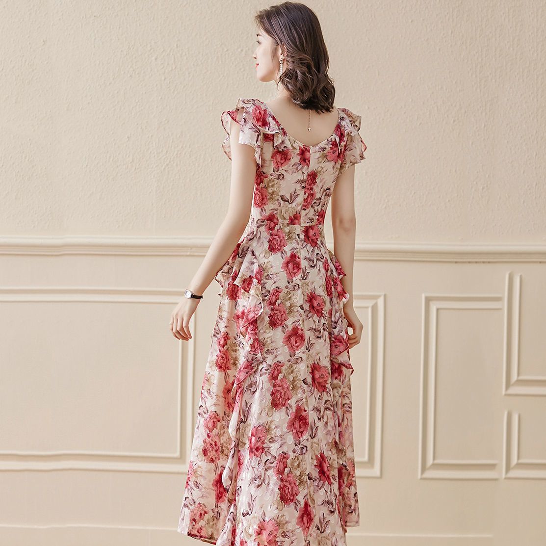 Robe florale en mousseline de soie pour femmes, nouveau Style fin, taille française, tempérament cintré, robes féeriques mi-longues à manches courtes, été