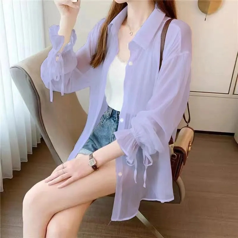 Chemises fines en mousseline de soie pour femmes, Perspective d'été, chemise de soleil coréenne solide, manches longues, mode coréenne pour dames, nouveaux vêtements de protection solaire