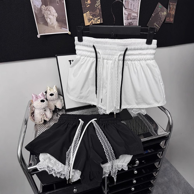 Nouveaux shorts coréens pour femmes, taille haute, décontractés, patchwork, dentelle, jambes larges, bandage chic, pantalons courts d'été pour femme
