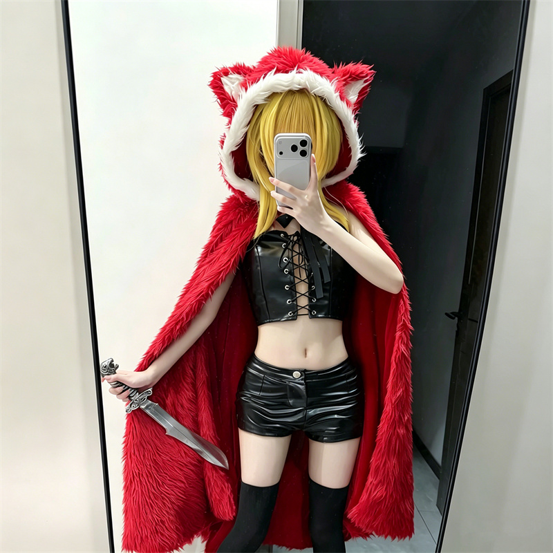 Costume de cosplay Black Souls pour femme, ensemble complet avec cape à capuche rouge Reke, corset et short, pour Halloween et fêtes quotidiennes