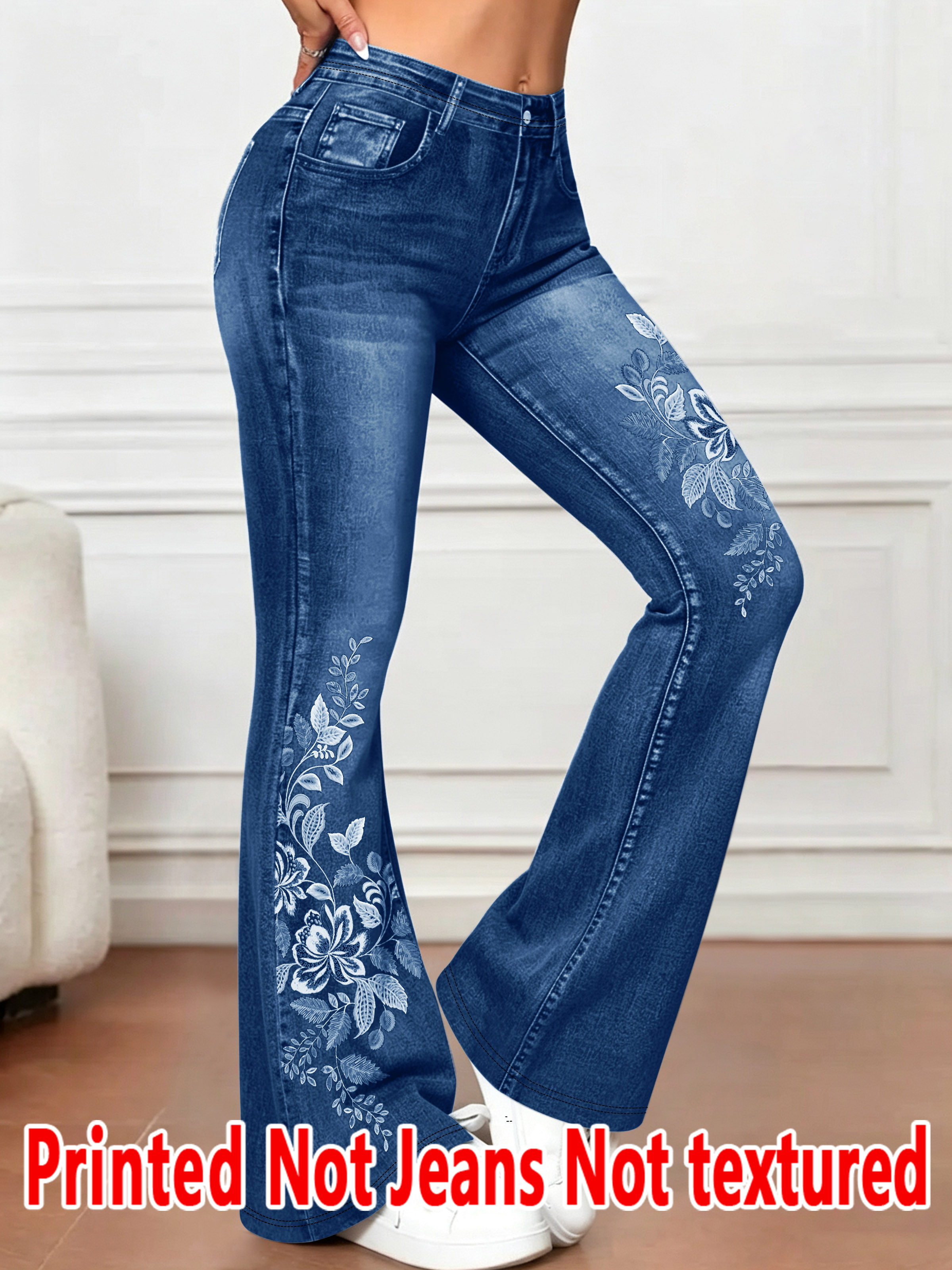 1583 [Pantalon imprimé - Non en tissu imitation jean] Effet imprimé 2D, Pantalon évasé imprimé - Non en tissu imitation jean