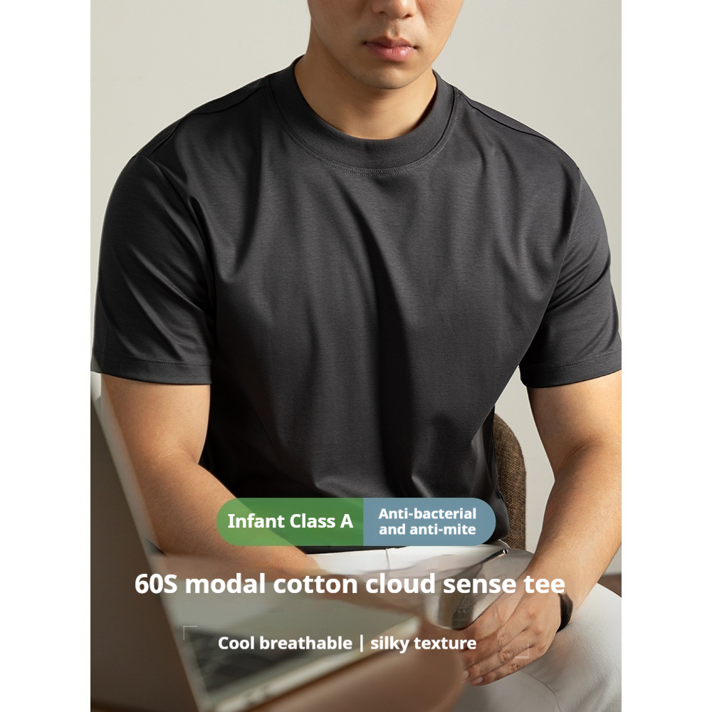 60S 47% Modal 47% Cotton Short Sleeve T-shirt Men 2025 Summer Slim Fit Solid Color Cool Feeling Tees Casual White Black Tshirt