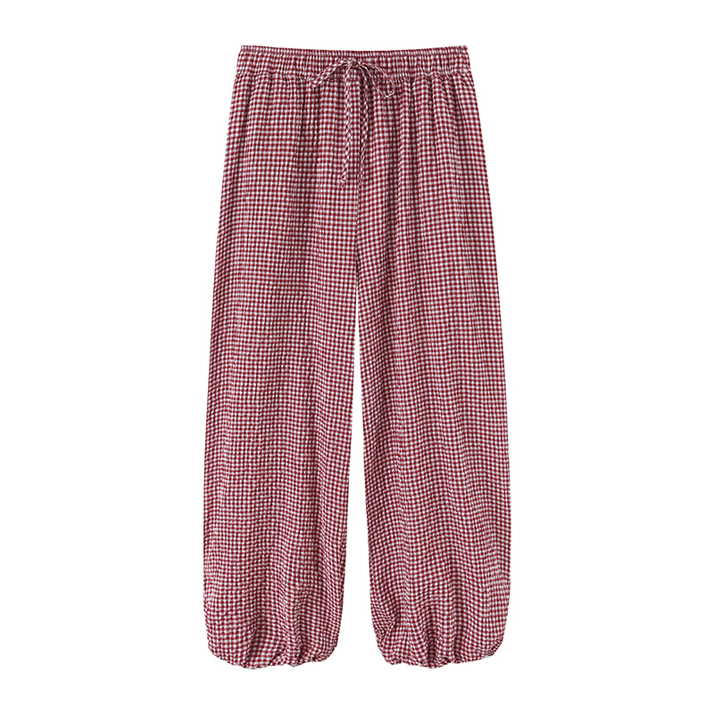 Pantalon Bloomers à cordon de serrage à carreaux rouges pour femmes, taille haute, coupe ample, pantalon d'été, sorties décontractées