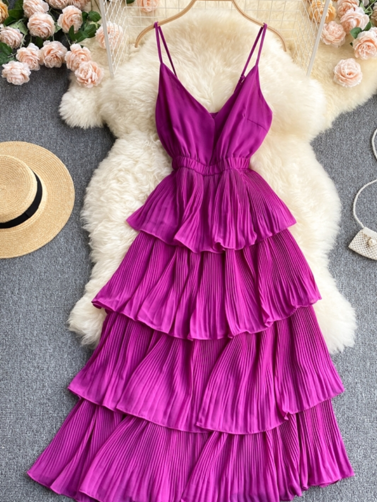 Robe de plage mi-longue à volants pour femmes, col en V, couche plissée, robes de plage élégantes, robe trapèze, sexy, nouveau, été, 2021