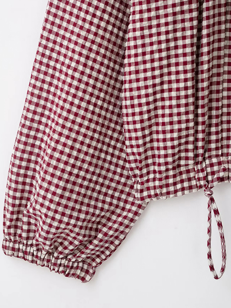 Veste courte à carreaux vintage pour femme, col montant avec ourlet à cordon, manches longues, manteau boutonné, manteau décontracté d'automne pour femme ﻿