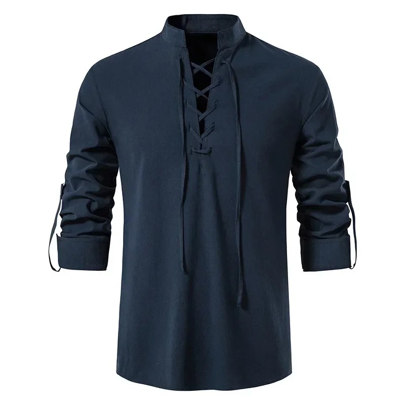 T-shirt en coton et lin à manches longues pour hommes, chemise à lacets décontractée, col Henley, coupe solide, vêtements de plage, vêtements de vacances d'été, chemise document