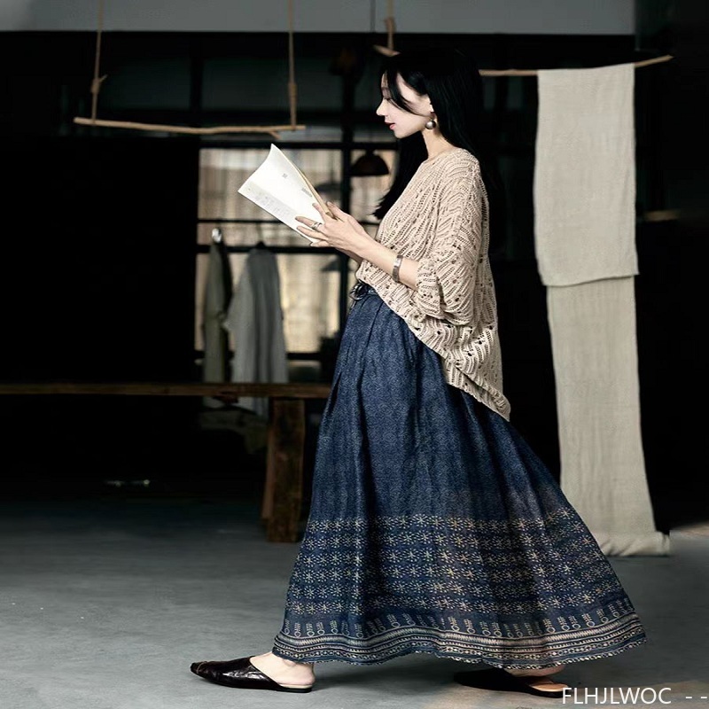 Style ethnique bohème doublé jupes en lin doux rétro Vintage mignon doux filles bleu classique Style thaïlandais longue jupe Maxi