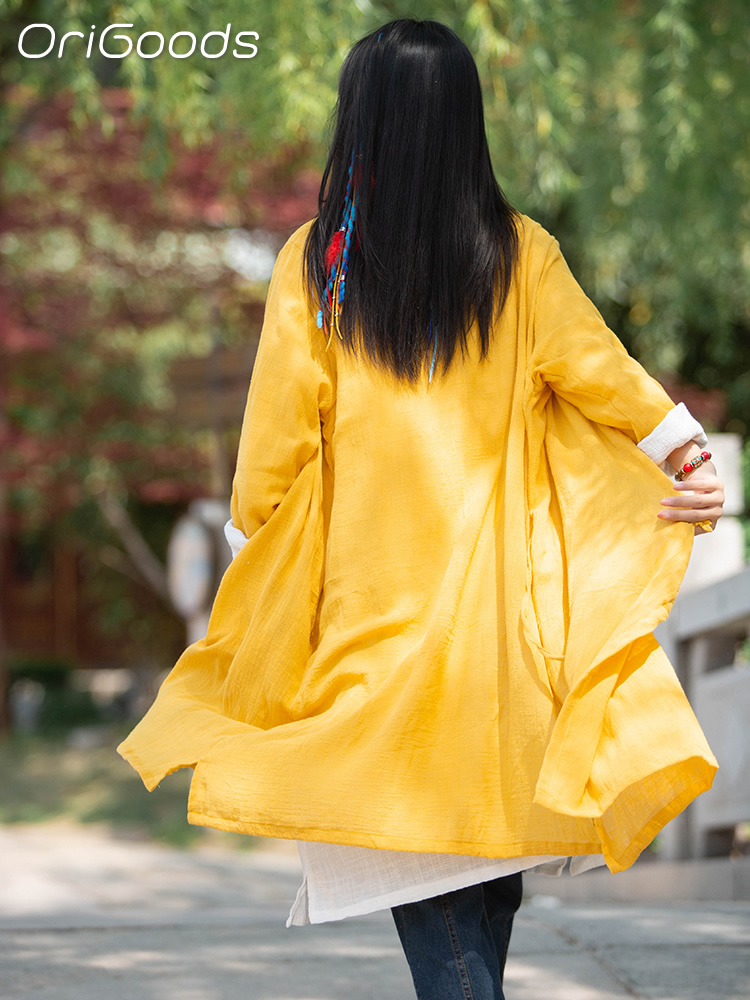 OriGoods femme longue Kimono chemise Style chinois coton chemises élégantes en vrac Zen japon Mori fille femme 2025 été nouveaux hauts B051