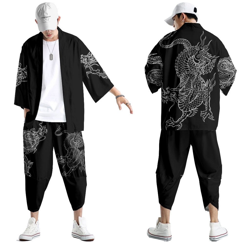 Robe Harajuku, vêtements asiatiques tendance, kimono imprimé dragon anime + pantalon, streetwear japonais pour hommes et femmes, cardigan cosplay Haori