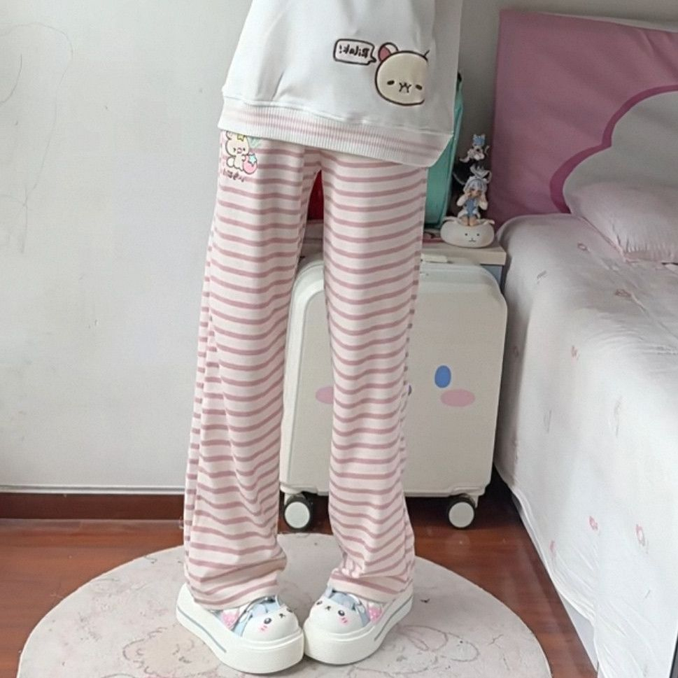 Pantalon droit japonais Kawaii Lolita pour femmes, pantalon décontracté à rayures avec broderie de dessin animé, pantalon féerique mignon esthétique Y2k pour filles