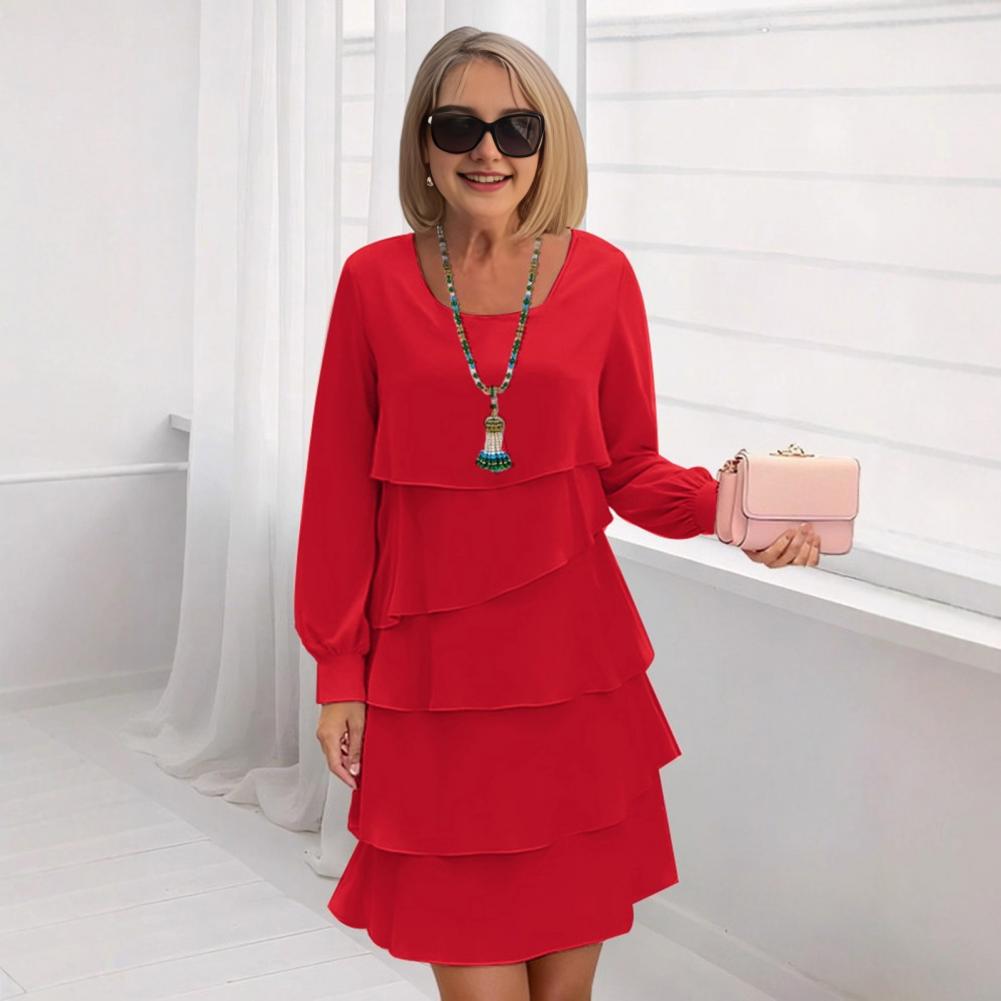 Robe en tissu léger pour femmes, élégante, multicouche, gâteau, couleur unie, col rond, manches longues, pour les vacances