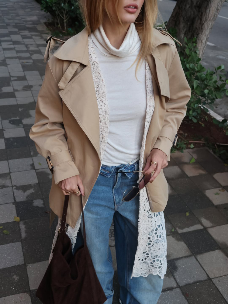 Manteau trench court kaki pour femme, avec épaulettes, double revers, ceinture à la taille, poignets amples, poches à boucle, veste décontractée