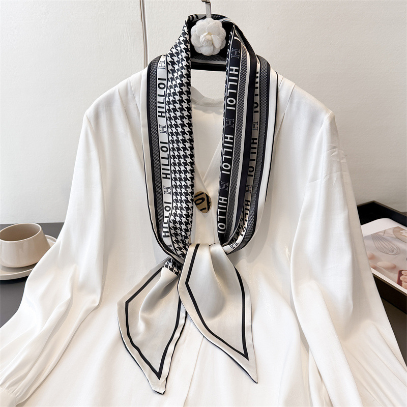 Écharpe en soie luxueuse double couche à motif oblique pour l'été, écharpe polyvalente pour cheveux, écharpe fine pour femme