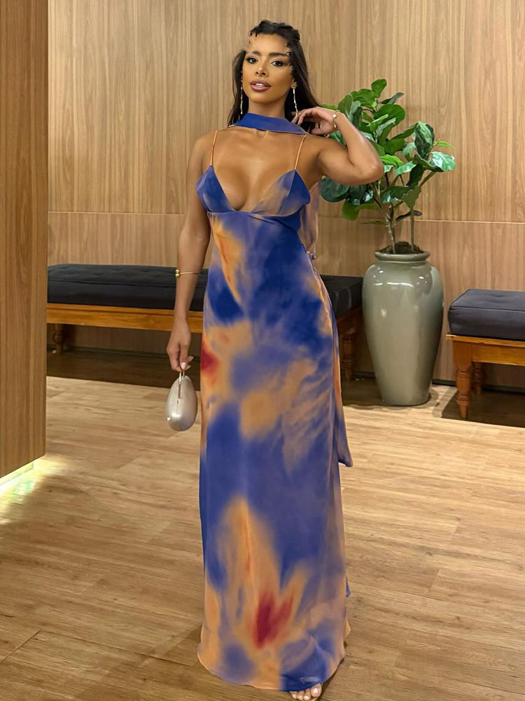 HH femmes mode col en v imprimé longue écharpe sans manches robe mince femme élégante Sexy dos nu fête a-ligne robe à bretelles Mujer