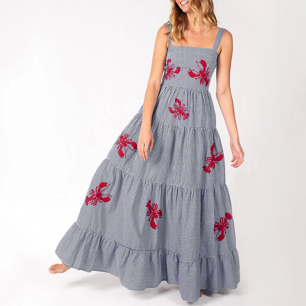 Robes d'été Chic à carreaux brodés de homard, sans manches, col carré, drapées superposées, robes de soirée mi-longues pour femmes