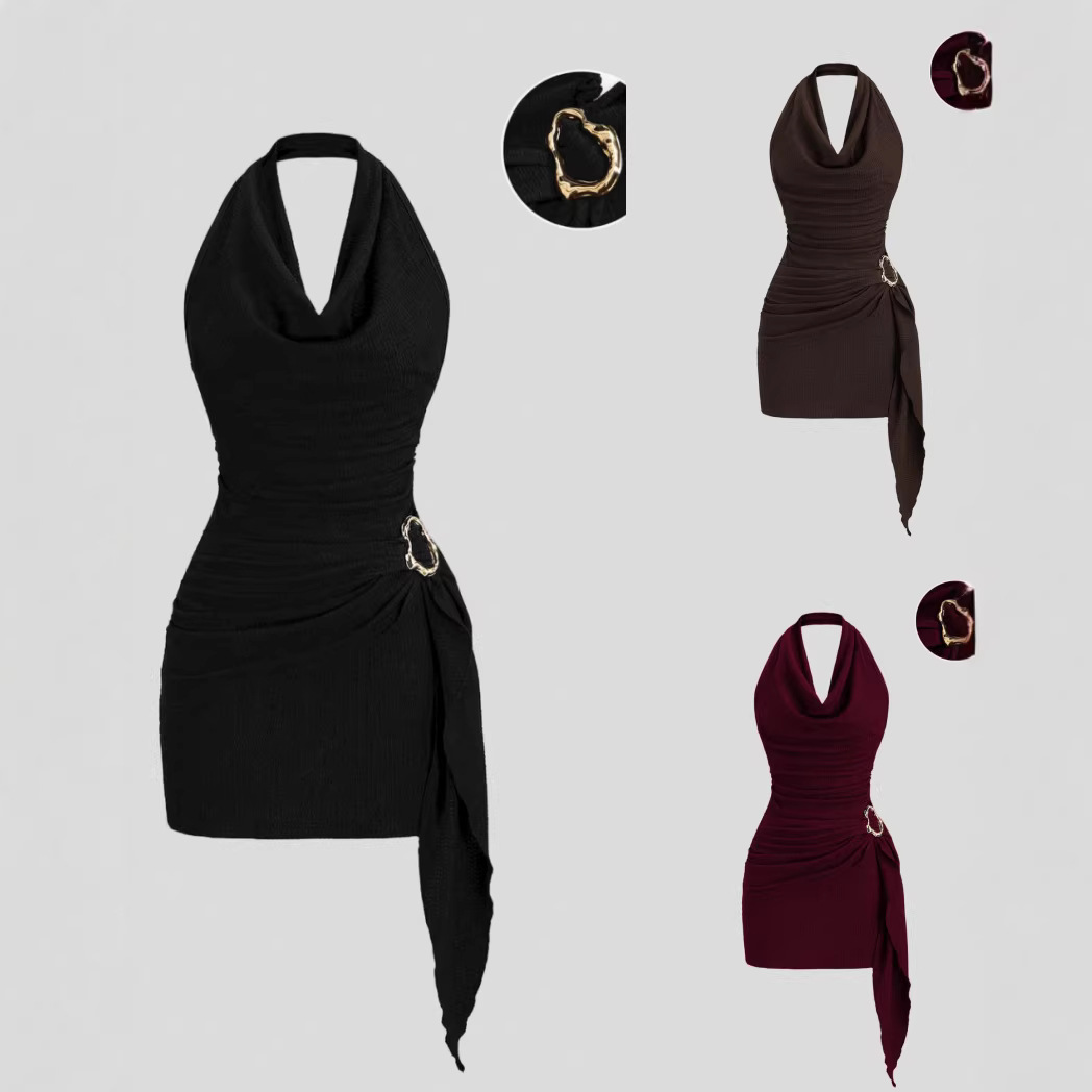Robe élégante pour femmes, col en v, dos nu, couleur unie, tricotée, mi-longue, sans manches, coupe ajustée, en Polyester