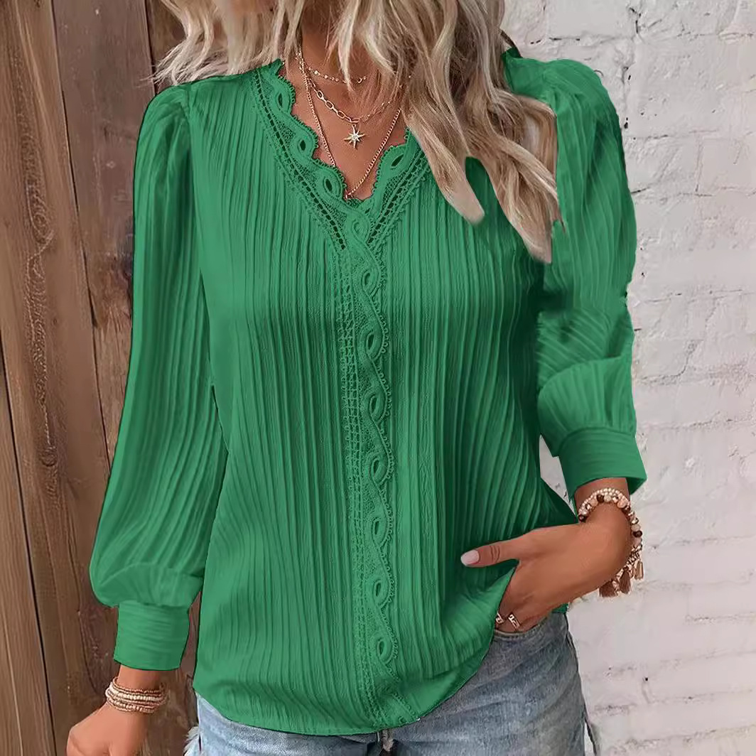 Femmes Patchwork Blouse Y-Printemps Été Femme Col En V À Manches sulfLanterne adt Blouse Chemises LRFZ-C165