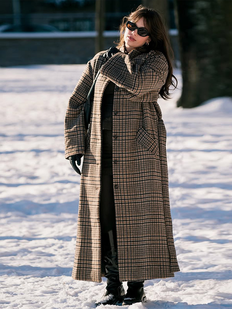 Manteaux longs en Patchwork à carreaux pour femmes, col montant, ceinture à nouer, vestes à simple boutonnage, vêtements d'extérieur pour dames, nouvelle collection automne hiver 2025