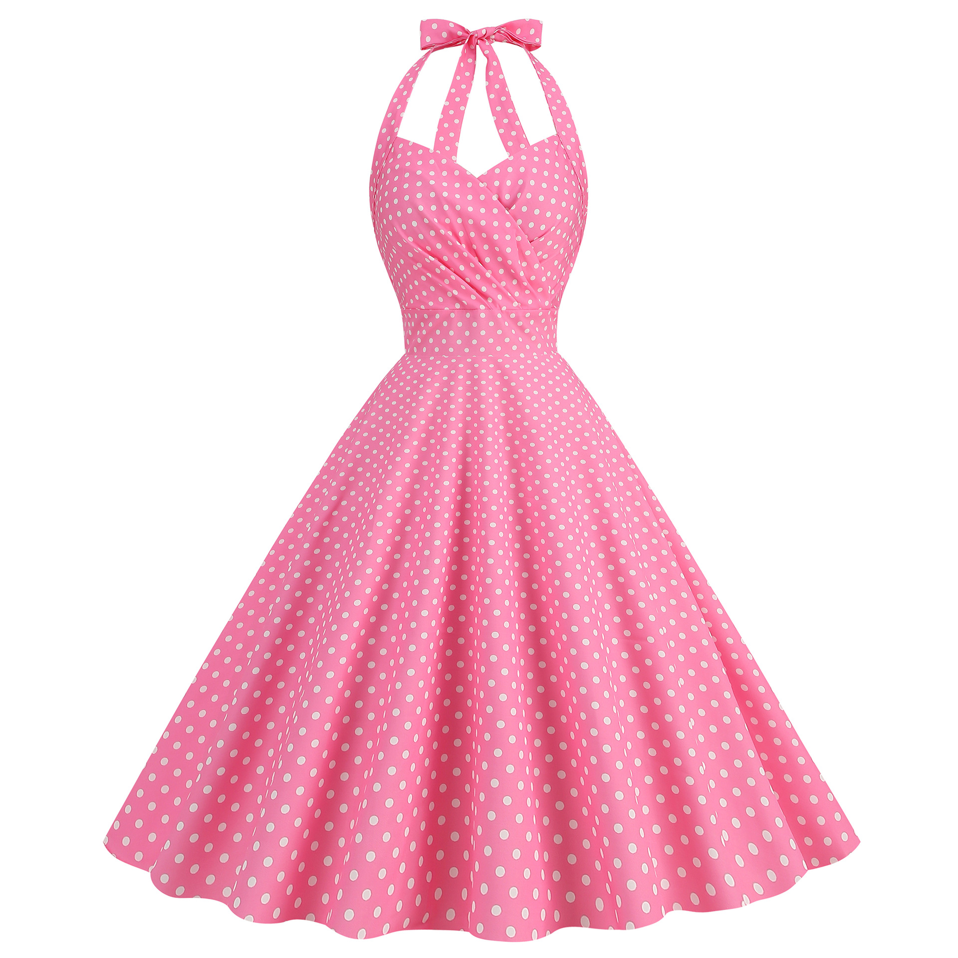 Robe Vintage Années 50-60 à Pois Imprimés, Dos Nu, Col Halter, pour Cérémonie et Soirée, Robe d'Été Femme, Corset au Dos, Style Rockabilly Swing