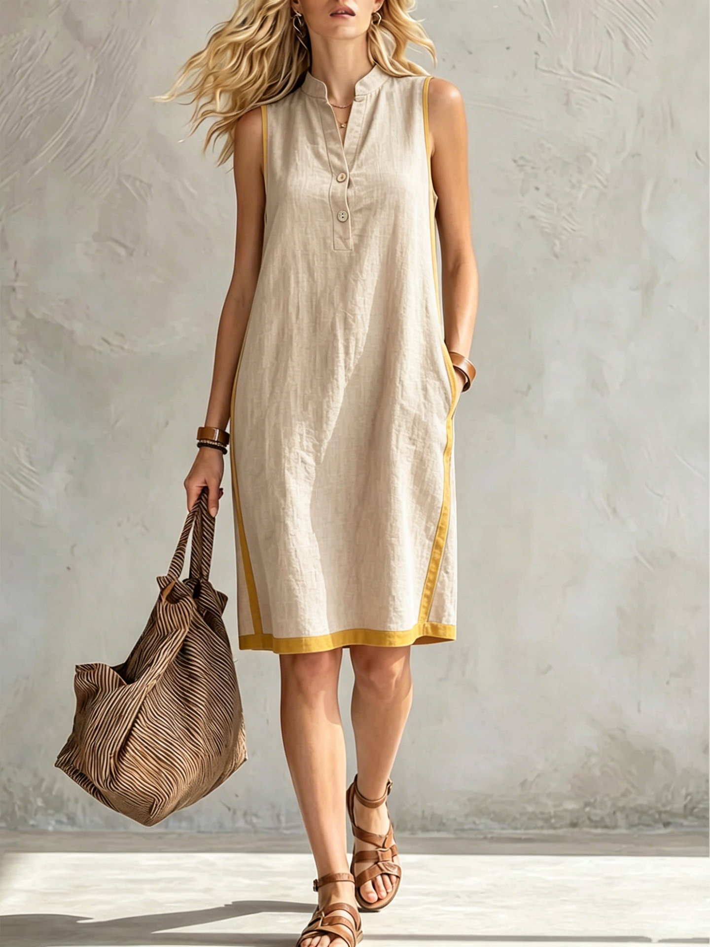Robe décontractée mi-longue sans manches en coton et lin pour femme, col en V, demi-fermeture, avec bordure jaune contrastante