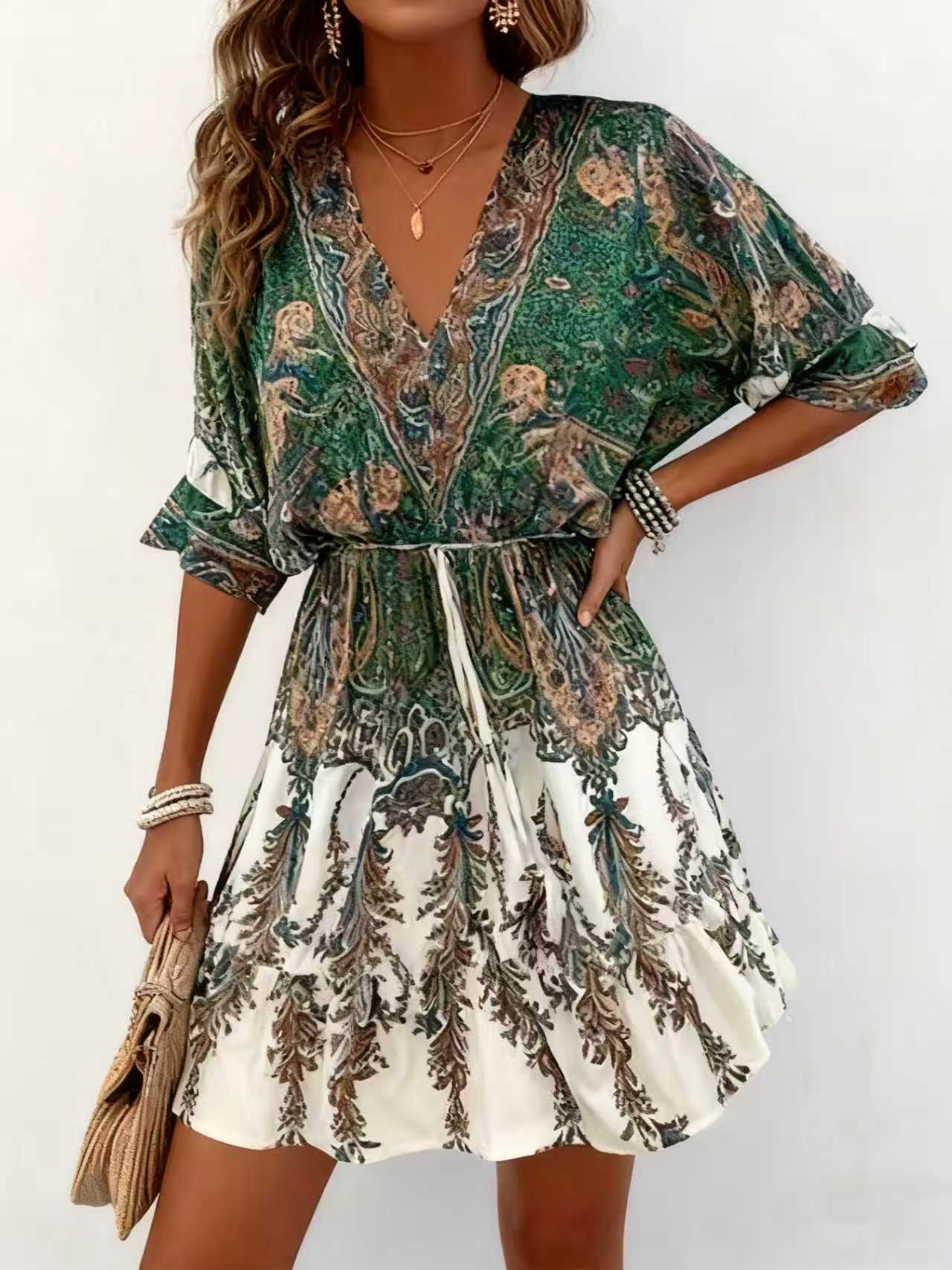 Robe vintage ethnique à imprimé paisley, style bohème, pour femme, col en V profond, manches kimono, taille nouée, robe courte fluide à volants, pour les vacances d'été à la plage