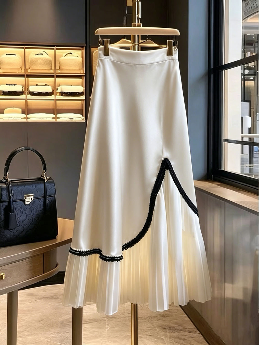 Jupe longue mi-mollet élégante et formelle, blanche brillante en satin, taille haute, asymétrique, avec bordure en dentelle noire, plissée, évasée, coupe trapèze