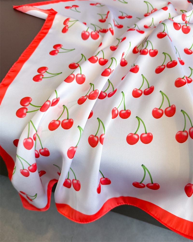 Écharpe carrée en Satin de luxe pour femmes, châles et enveloppes à motif de cerise et de fruits mignons, petit sac à la mode, foulards à cravate pour cheveux, Bandanas 70x70Cm