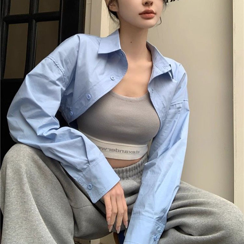 Chemises Super courtes pour femmes, Streetwear, taille haute, manches longues, couleur unie, hauts courts assortis, nouvelle mode d'été