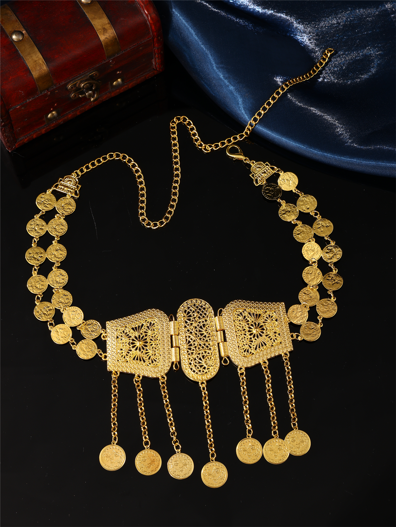 Ceinture de robe pour femme arabe dorée, bijoux de mariée marocaine, en métal avec pendentif pièce de monnaie, chaîne de taille pour robe de femme arabe, cadeau