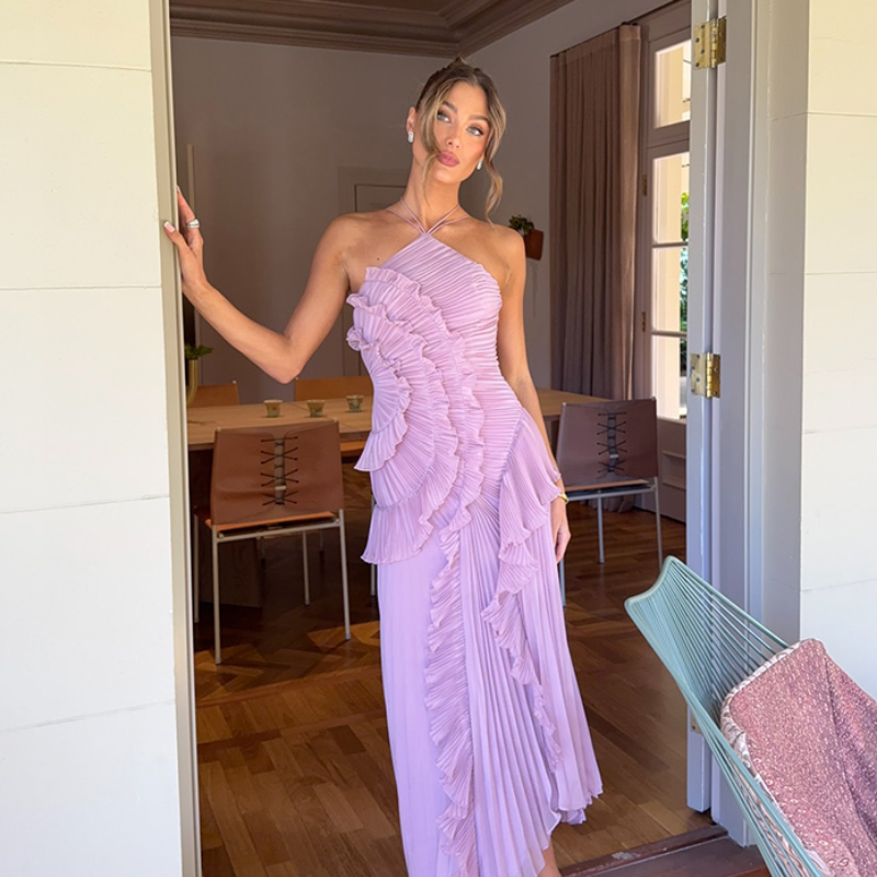 Chic élégant licou une ligne robes de bal volants à plusieurs niveaux dos nu robe de soirée 2025 vacances d'été en mousseline de soie longue robe de soirée