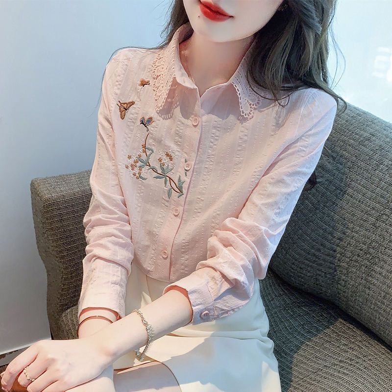Broderie femmes printemps automne Blouses chemises dame décontracté à manches longues col rabattu couleur unie haut Blouse DF4775