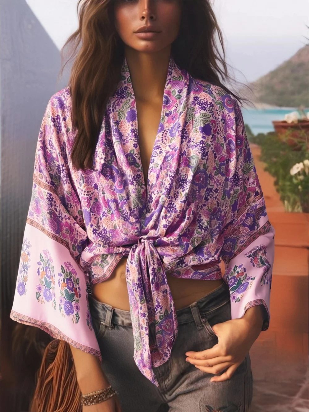 Boho Dinner ens Floral Robe Courte pour Femme, Kimono Cardigan, Maillots de Bain, Manches Chauve-Souris, Rayonne, Bohème Bikini Cover Ups, Beachwear, Mode