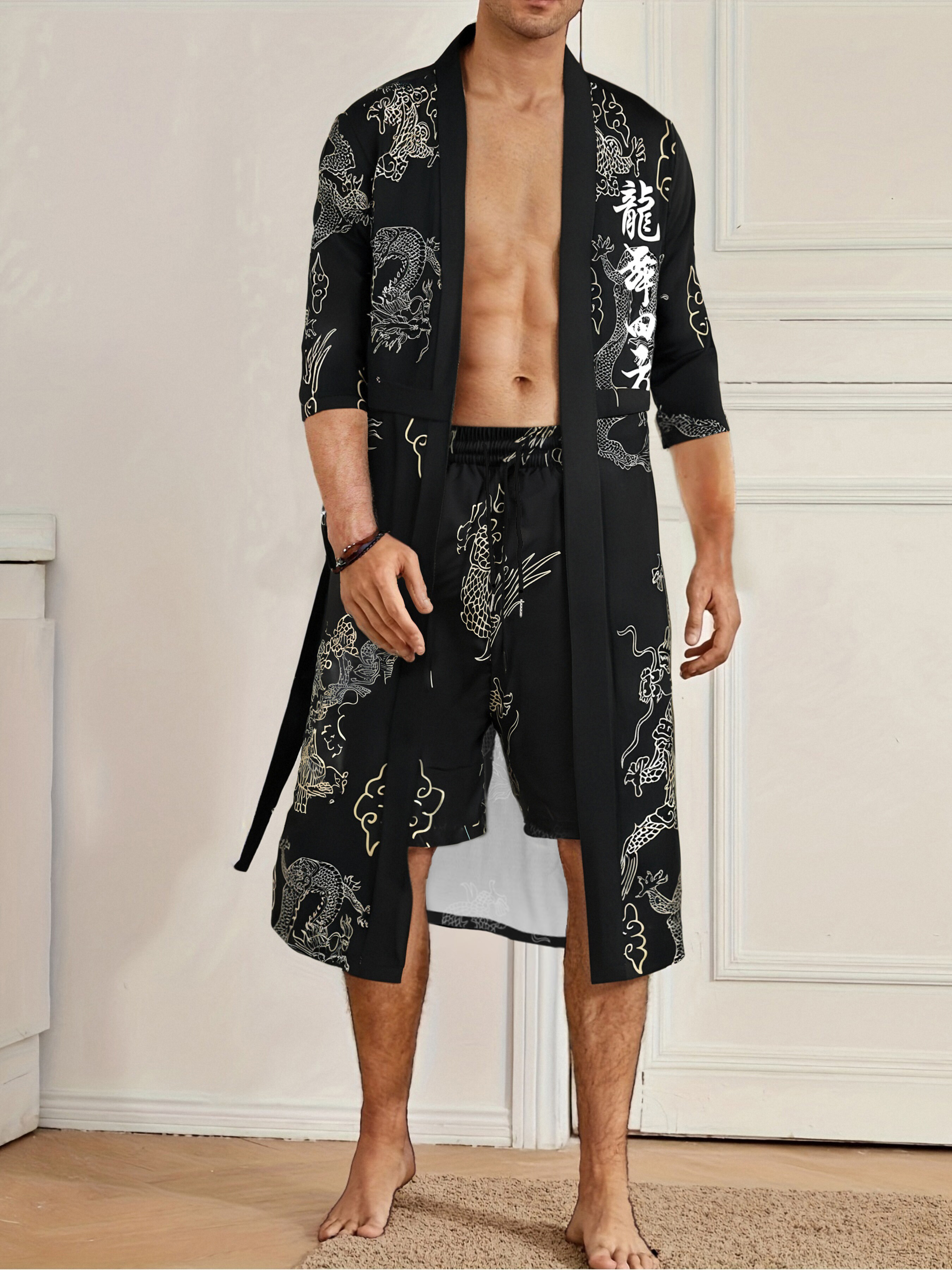 Ensemble de robe imprimée « Dragon Dance » de style chinois pour hommes, kimono noir ouvert sur le devant avec ceinture et short, 2 pièces, streetwear
