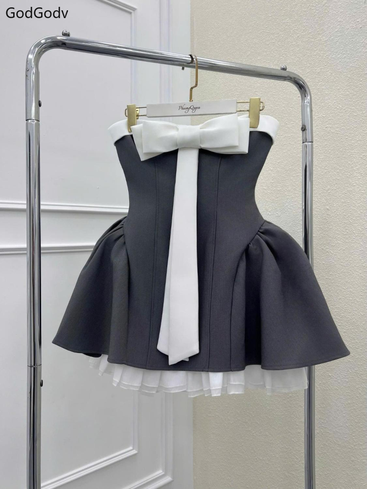 Robe d'été Vintage élégante pour femme, sans bretelles, avec nœud, Patchwork, taille haute, bouffante, Mini, Chic français, tenues Sexy, nouvelle collection 2025