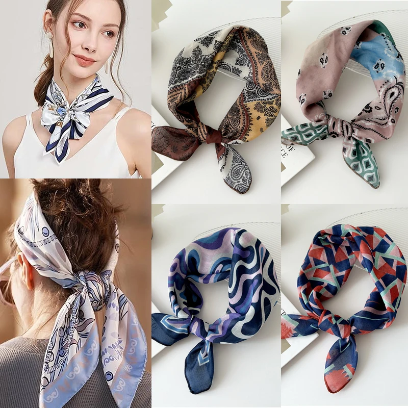 Mode 55CM petit foulard carré femmes petite soie impression cheveux écharpe bandeau Bandanas chapeaux