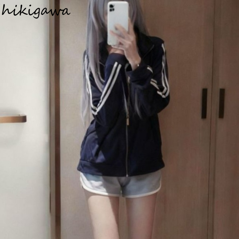 Vestes de style preppy pour femmes, col montant, fermeture éclair, manches longues, coupe ample, style japonais Y2K, hauts décontractés, manteaux tendance, Ropa Mujer