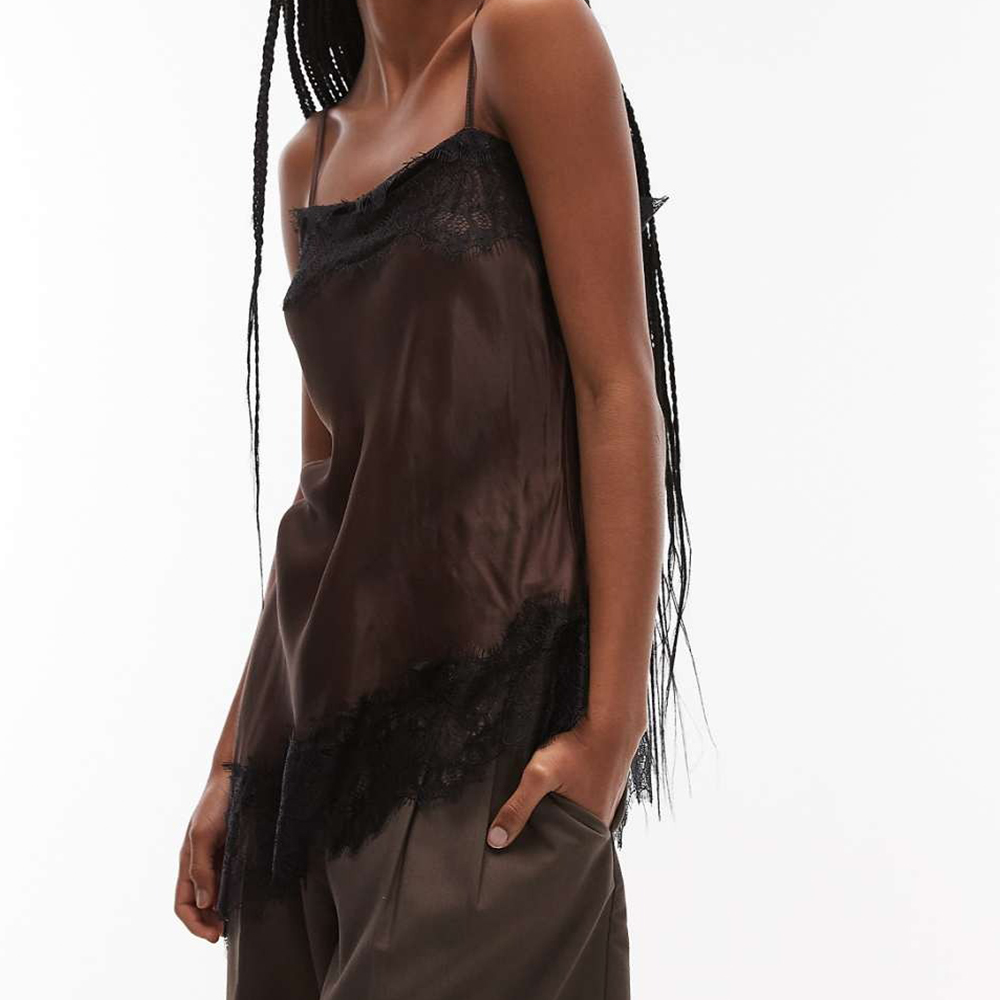 Débardeur asymétrique en Satin et dentelle pour femmes, Vintage, sans manches, dos nu, bretelles Spaghetti, style Boho, plage, vacances, été