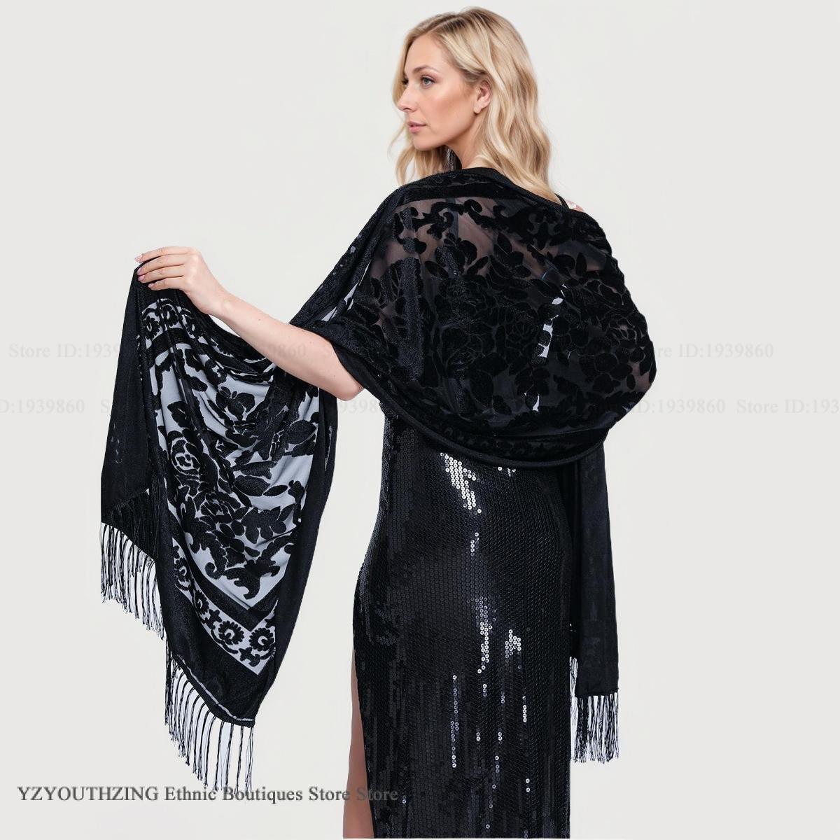 Femmes velours écharpe châle femme longue Jacquard foulards Noble châle automne printemps Poncho Wrap luxe Pashmina gland cape Bufanda