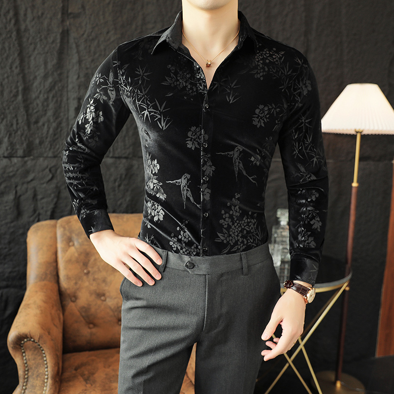 Chemise de luxe en velours et velours pour hommes, Slim, tenue décontractée, fête sociale, smoking, printemps, 2024