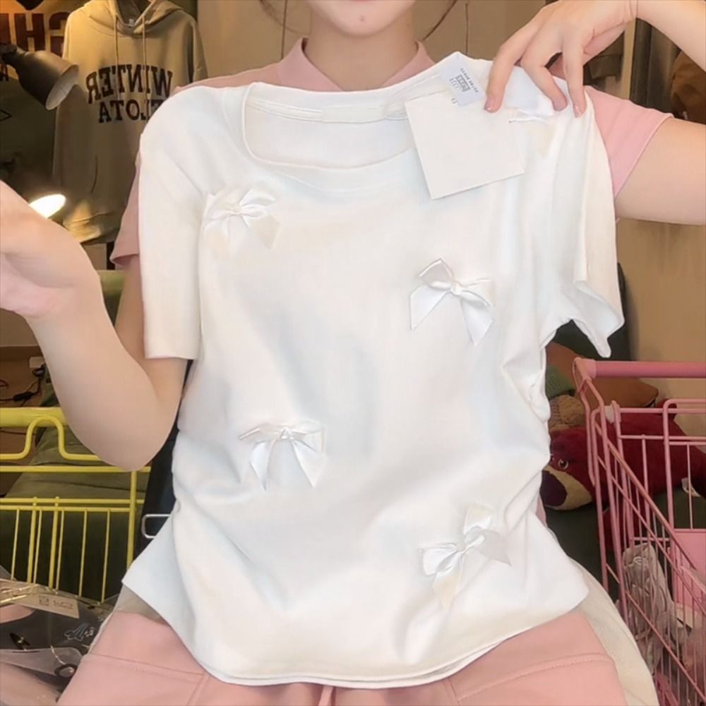 T-shirt à Manches Courtes et Col Rond pour Femme et Fille, Vêtement Élégant, de Style Japonais, Solide, avec Ruban, Crop Précieux