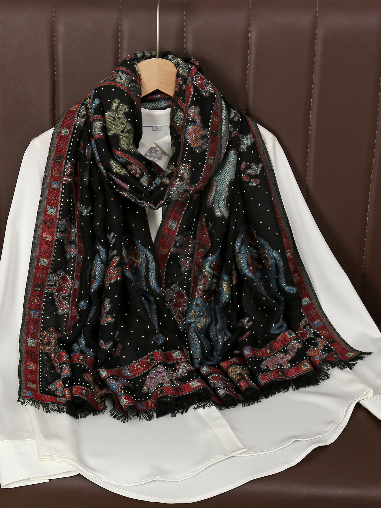 Écharpe Châle en Coton Jacquard Motif Diamant Rétro Style Bohème Douce et Chaude pour Femmes
